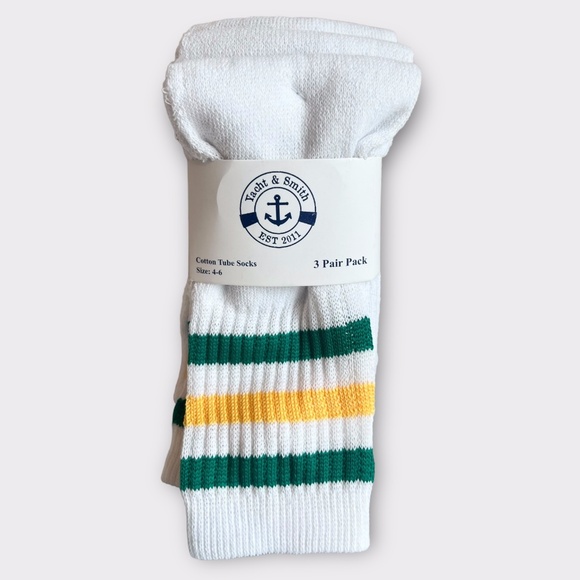 NWT Yacht & Smith 3 Pairs of Over the Calf Tube Socks Green White Yellow Stripes - Picture 1 of 5